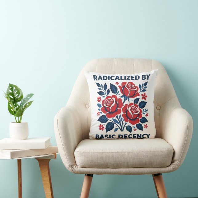 Radicalized by Basic Decency – Red Rose Folk Art Throw Pillow (Chair)