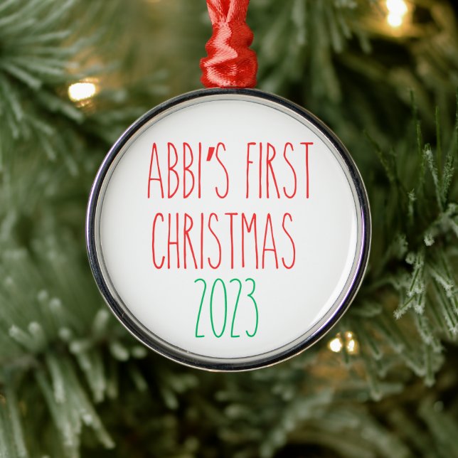 RAE DUNN Inspired Custom Name First Christmas Metal Ornament (Tree)