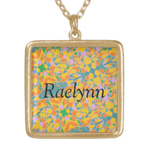 Raelynn name on colorful sari like background gold plated necklace