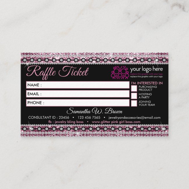 Raffle-Ticket Glitz Pink Jewelry Store Business Card