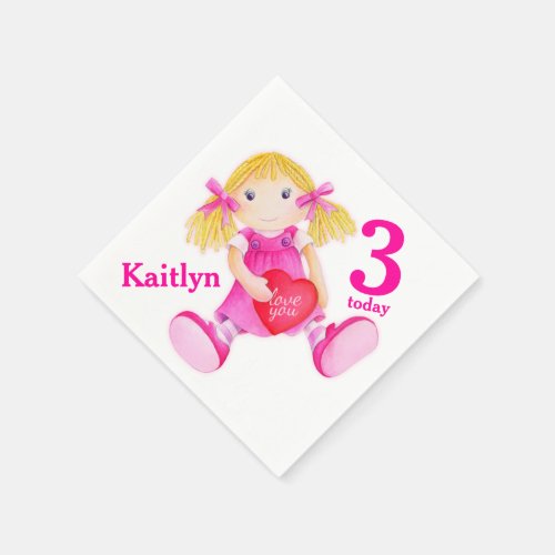 Rag doll art girls 3th Birthday napkins