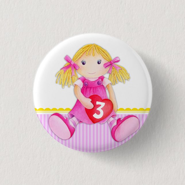 Rag doll girl age 3 birthday button badge (Front)