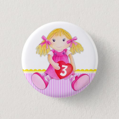 Rag doll girl age 3 birthday button badge