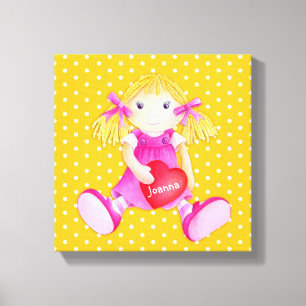 Rag doll girls personalized yellow nursery art canvas print