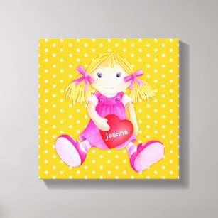Rag doll girls personalized yellow nursery art canvas print