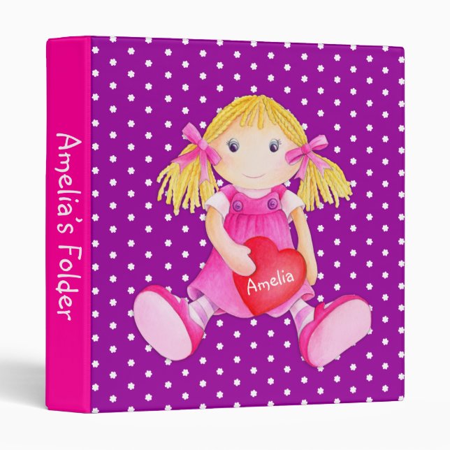 Rag doll polka dot flowers pink purple name folder (Front/Spine)