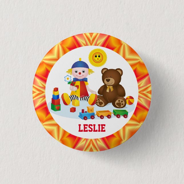 Rag Doll, Teddy and Smiling Sun  Personalized Button (Front)