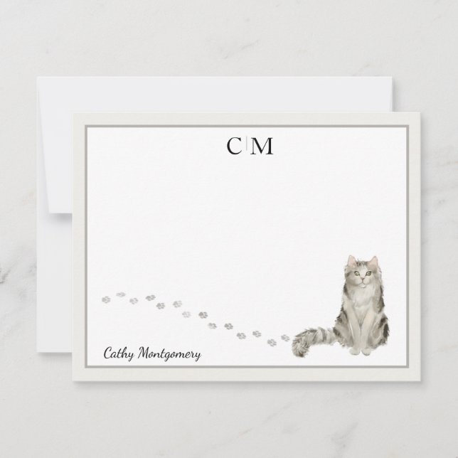 Ragamuffin Cat Gray Border Monogram Name Note Card (Front)