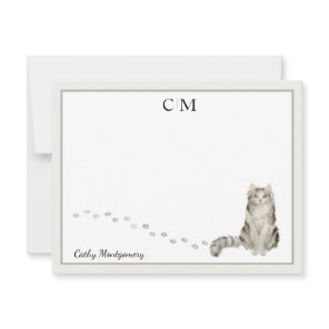 Ragamuffin Cat Gray Border Monogram Name Note Card