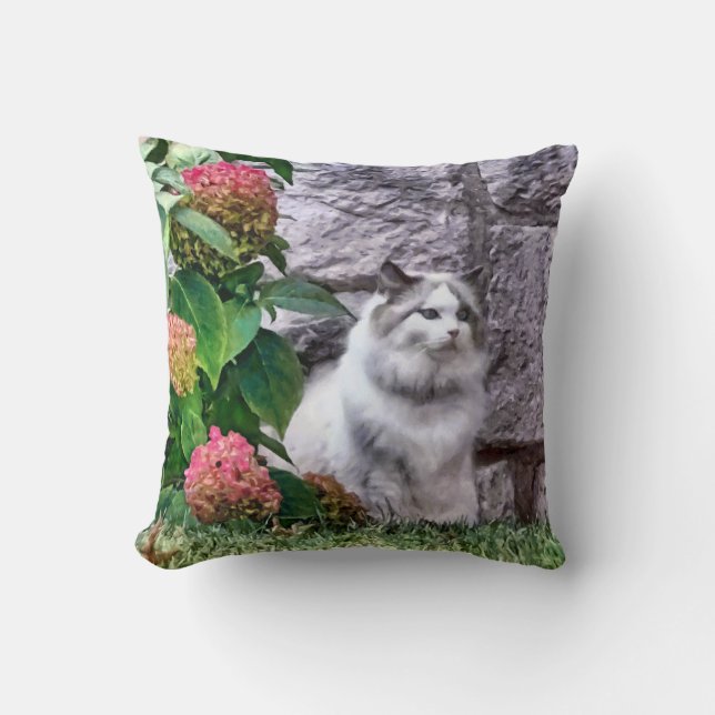 Ragdoll Cat By Hydrangea Throw Pillow (Front)