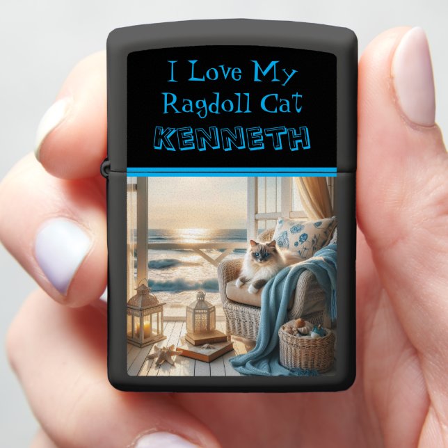 Ragdoll Cat Coastal Calm: Ragdoll Ocean Dreams Zippo Lighter (In Hand)