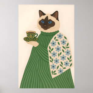 Ragdoll Cat Coffee Art Print, Floral Green Jacket Poster