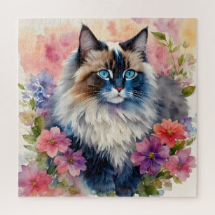 Ragdoll Cat Floral Portrait Art Jigsaw Puzzle