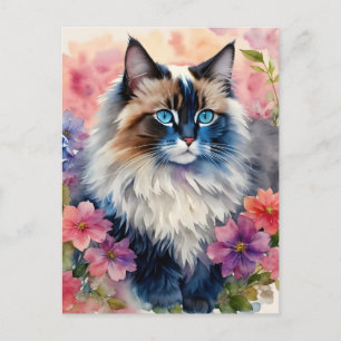 Ragdoll Cat Floral Portrait Art Postcard