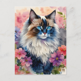 Ragdoll Cat Floral Portrait Art Postcard