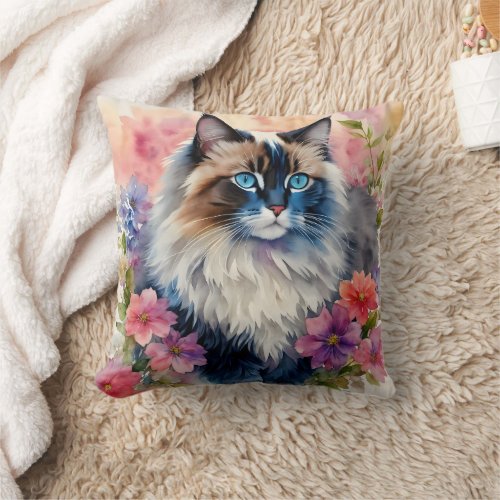 Ragdoll Cat Floral Portrait Art Throw Pillow