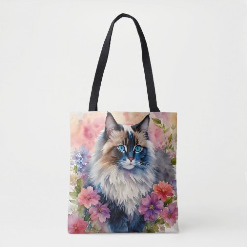 Ragdoll Cat Floral Portrait Art Tote Bag