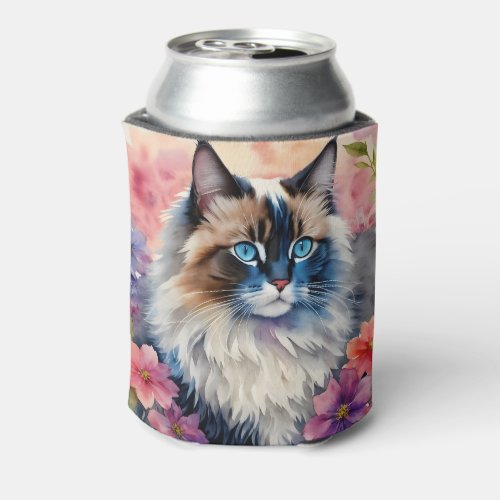 Ragdoll Cat Floral Portrait Can Cooler