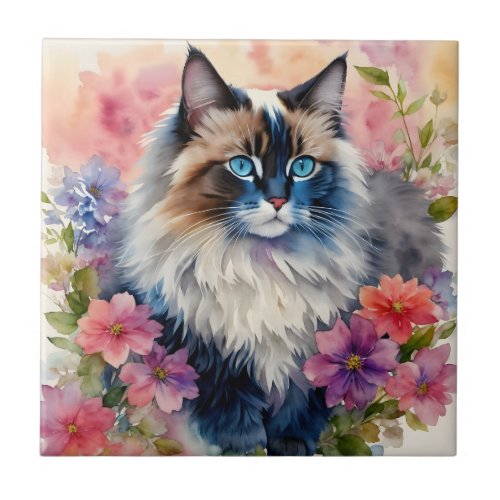 Ragdoll Cat Floral Portrait Ceramic Tile