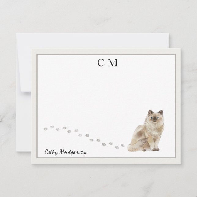 Ragdoll Cat Gray Border Monogram Name Note Card (Front)