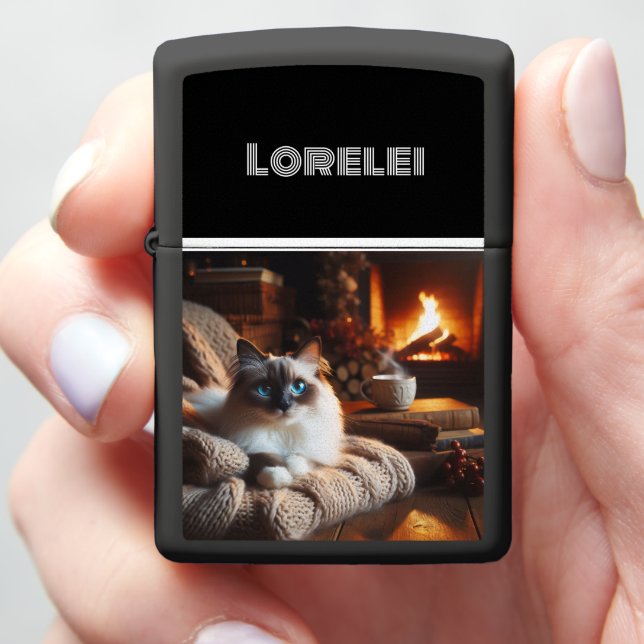 Ragdoll Cat Hearthside Haven: Ragdoll Cocoa Dreams Zippo Lighter (In Hand)