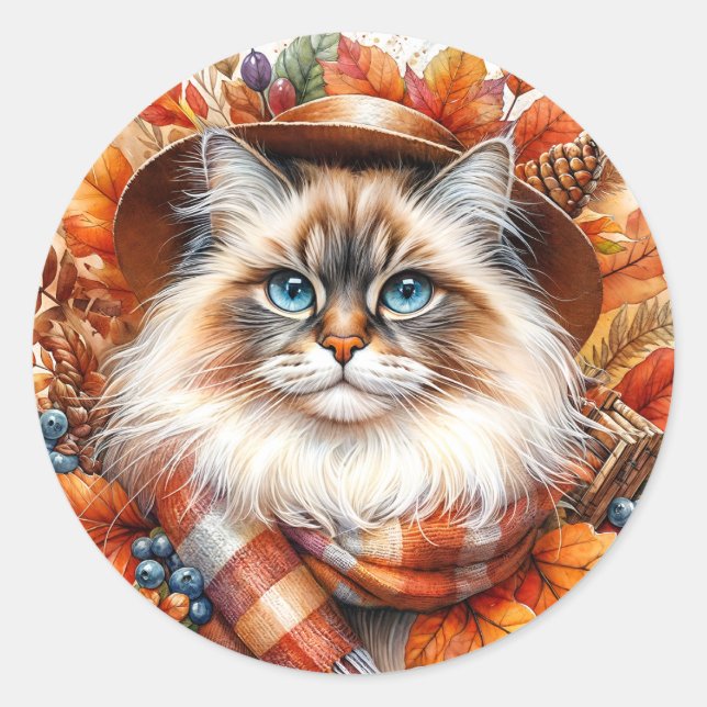 Ragdoll Cat In Autumn Scarf With Fall Leaves Classic Round Sticker (Front)
