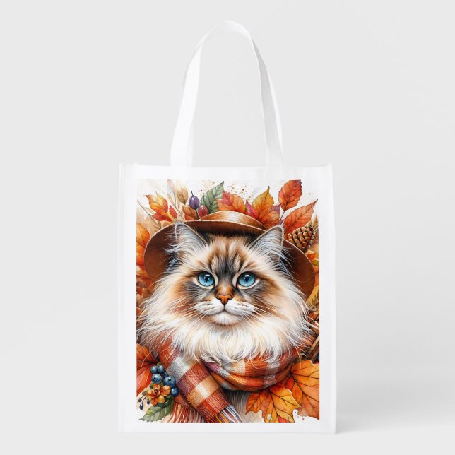 Ragdoll Cat In Autumn With Fall Leaves Grocery Bag (Front)