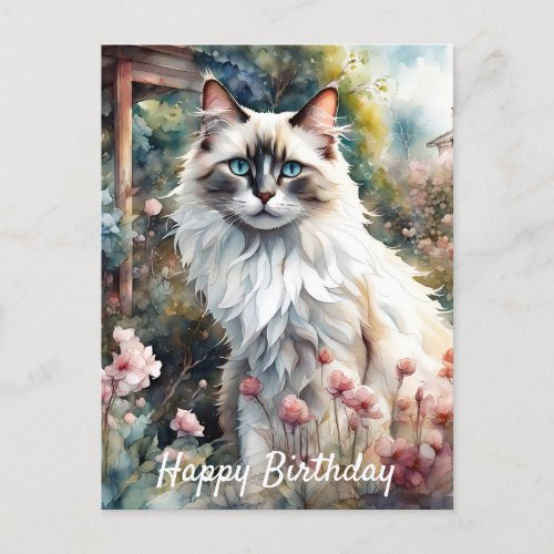 Ragdoll Cat in English Garden Birthday Postcard