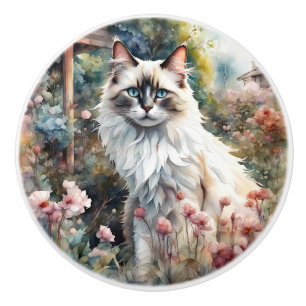 Ragdoll Cat in English Garden Ceramic Knob