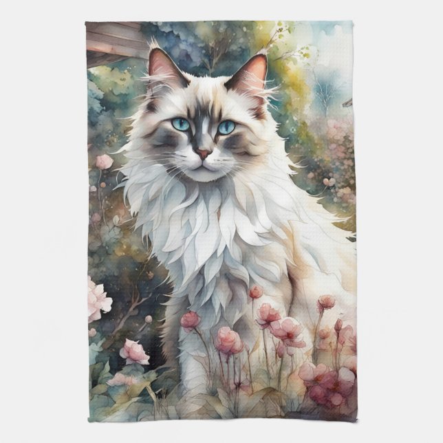 Ragdoll Cat in English Garden Kitchen Towel (Vertical)
