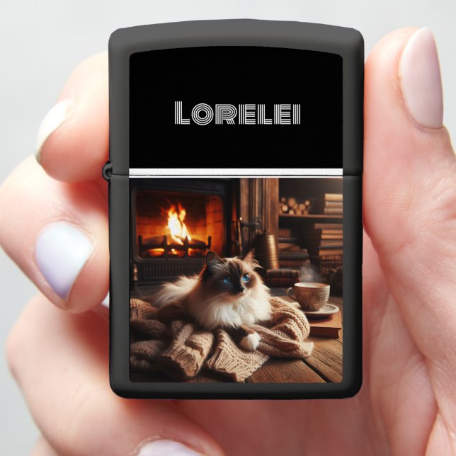 Ragdoll Cat Lounging by the Fireplace Zippo Lighter (In Hand)
