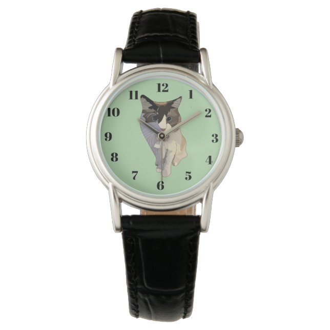 Ragdoll cat, pastel green, stained glass watch (Front)
