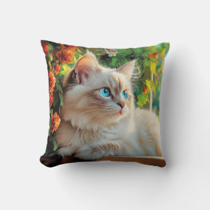 Ragdoll cat portrait with flowers throw pillow