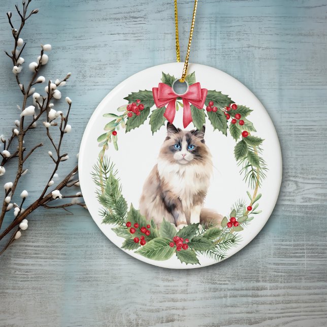 Ragdoll Cat Red Bow Holly Wreath Ceramic Ceramic Ornament (Creator Uploaded)