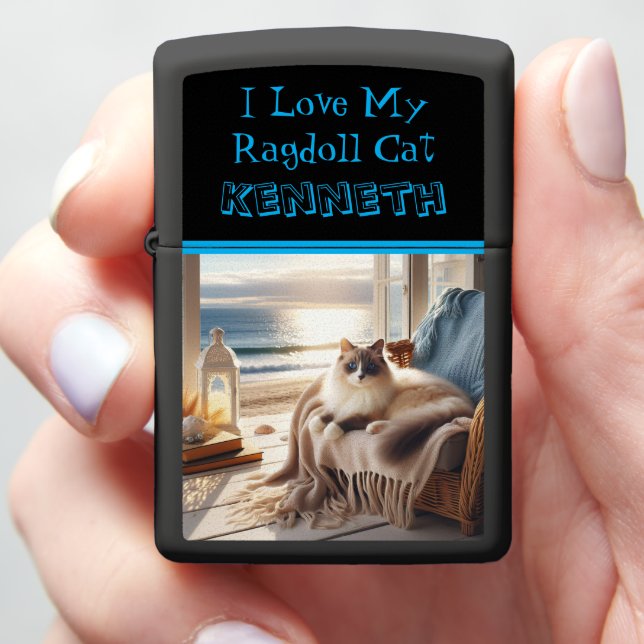Ragdoll Cat Relaxing by the Ocean View Zippo Lighter (In Hand)