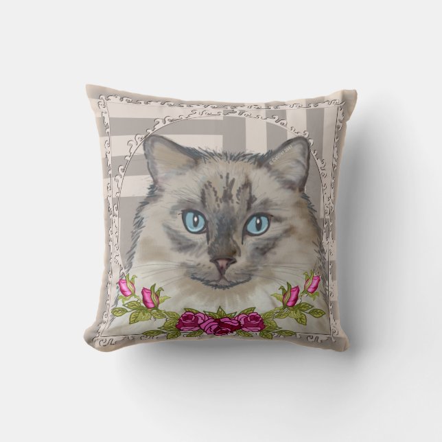 Ragdoll Cat Roses Pillow (Front)