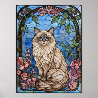 Ragdoll Cat Stained Glass Floral Mosaic Poster