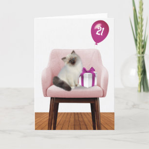 Ragdoll Cat With 21st Birthday Balloon Card