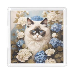 Ragdoll Cat With Blue Hydrangea Flowers Acrylic Tray
