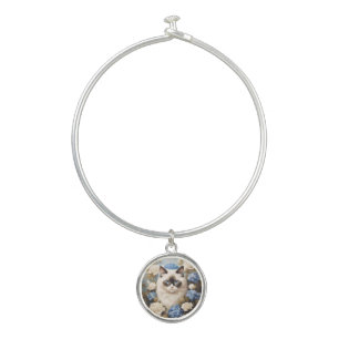 Ragdoll Cat With Blue Hydrangea Flowers Bangle Bracelet
