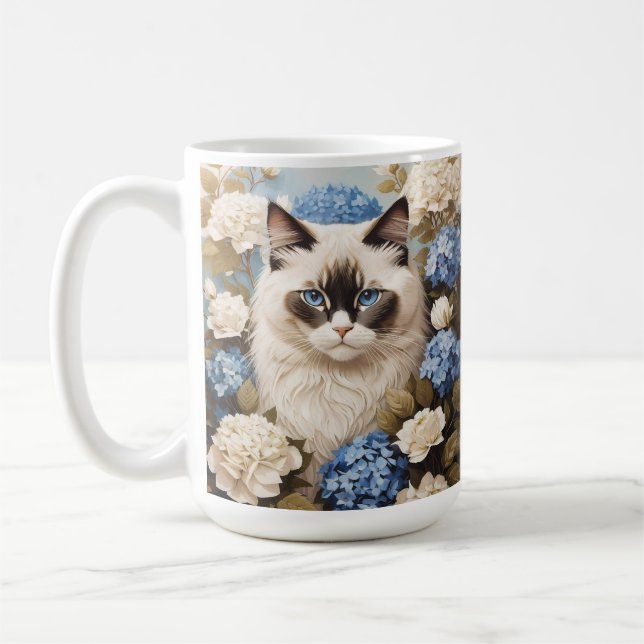 Ragdoll Cat With Blue Hydrangea Flowers Coffee Mug (Left)