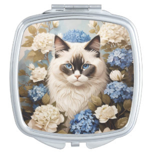 Ragdoll Cat With Blue Hydrangea Flowers Compact Mirror