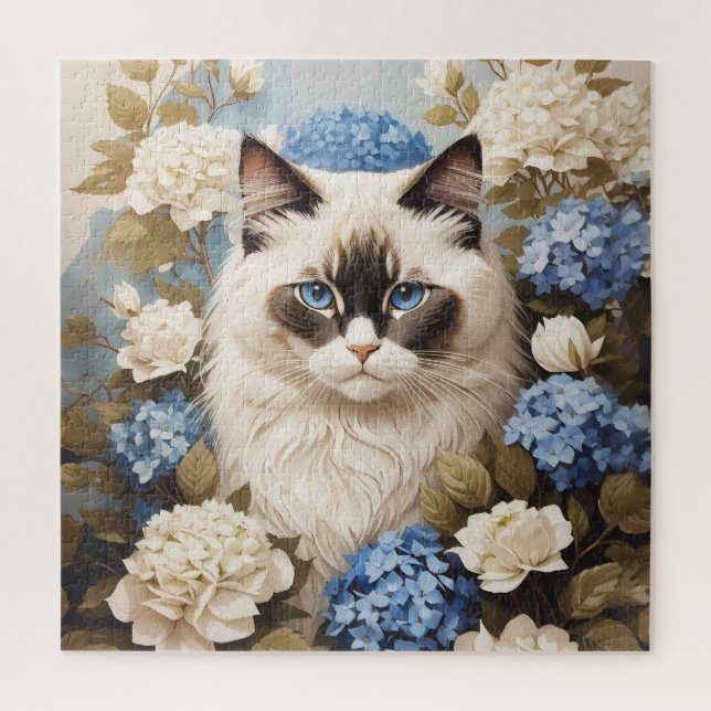 Ragdoll Cat With Blue Hydrangea Flowers Jigsaw Puzzle (Vertical)