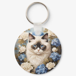 Ragdoll Cat With Blue Hydrangea Flowers Keychain