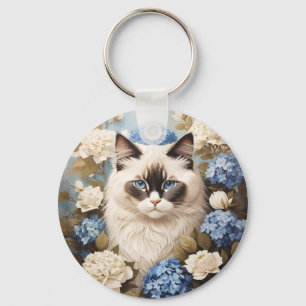 Ragdoll Cat With Blue Hydrangea Flowers Keychain