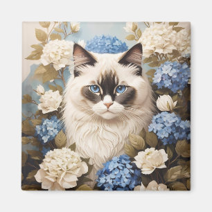 Ragdoll Cat With Blue Hydrangea Flowers Magnet