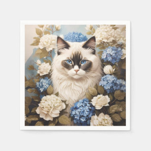 Ragdoll Cat With Blue Hydrangea Flowers Napkins