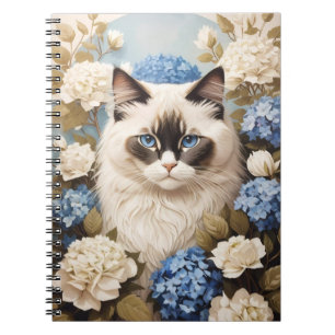 Ragdoll Cat With Blue Hydrangea Flowers Notebook