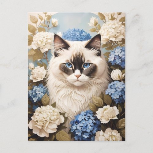Ragdoll Cat With Blue Hydrangea Flowers Postcard