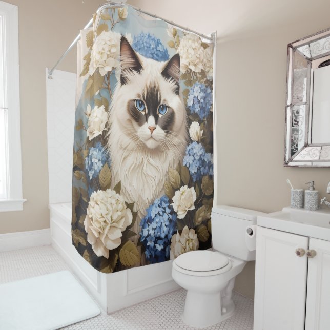 Ragdoll Cat With Blue Hydrangea Flowers Shower Curtain (In Situ)